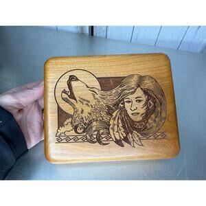 Wilderness Woods Music Box Laser Etched Velvet Lined Native American Wolf